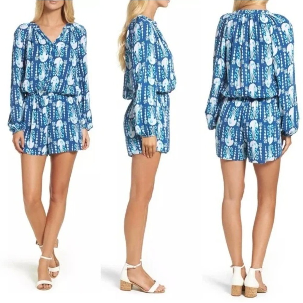 Lilly‎ Pulitzer Size Small Elsa Indigo Get In Line ROMPER Long Sleeve Jellyfish